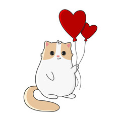 Cute cartoon cat with balloons. Happy Valentine's day greeting card. Vector illustration.