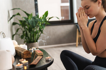 Yoga meditation at home indoors