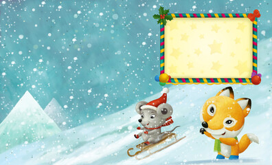cartoon happy christmas winter scene with animals sliding skiing on hill