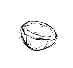 Hand drawn vector abstract exotic tropical ink graphic drawing fruit coconut illustration isolated on white background.Healthy lifestyle concept