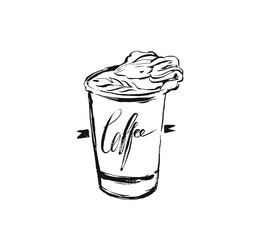 Hand drawn vector abstract artistic cooking ink sketch drawing illustration of hot coffee cocktail drink in takeaway cup and handwritten coffee calligraphy isolated on white background
