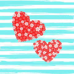 Abstract floral hearts on grunge stripes