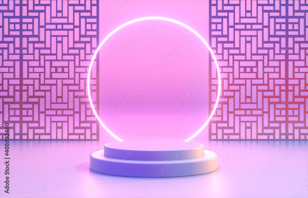 Poster chinese background with podium and neon light for product display. 3d render.