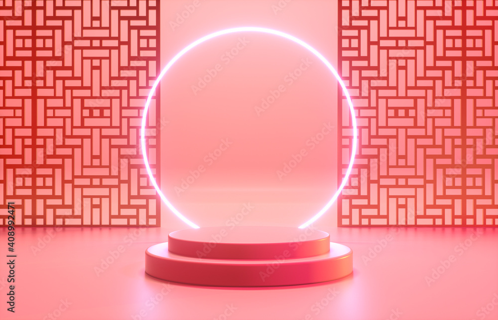 Poster chinese background with podium and neon light for product display. 3d render.