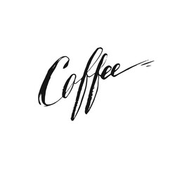 Hand drawn vector abstract artistic ink sketch drawing handwritten coffee word calligraphy isolated on white background.Coffee shop concept