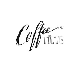 Hand drawn vector abstract artistic ink sketch drawing handwritten coffee time calligraphy text and ribbon isolated on white background.Coffee shop concept