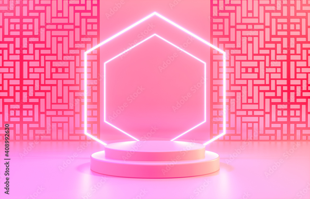 Poster chinese background with podium and neon light for product display. 3d render.