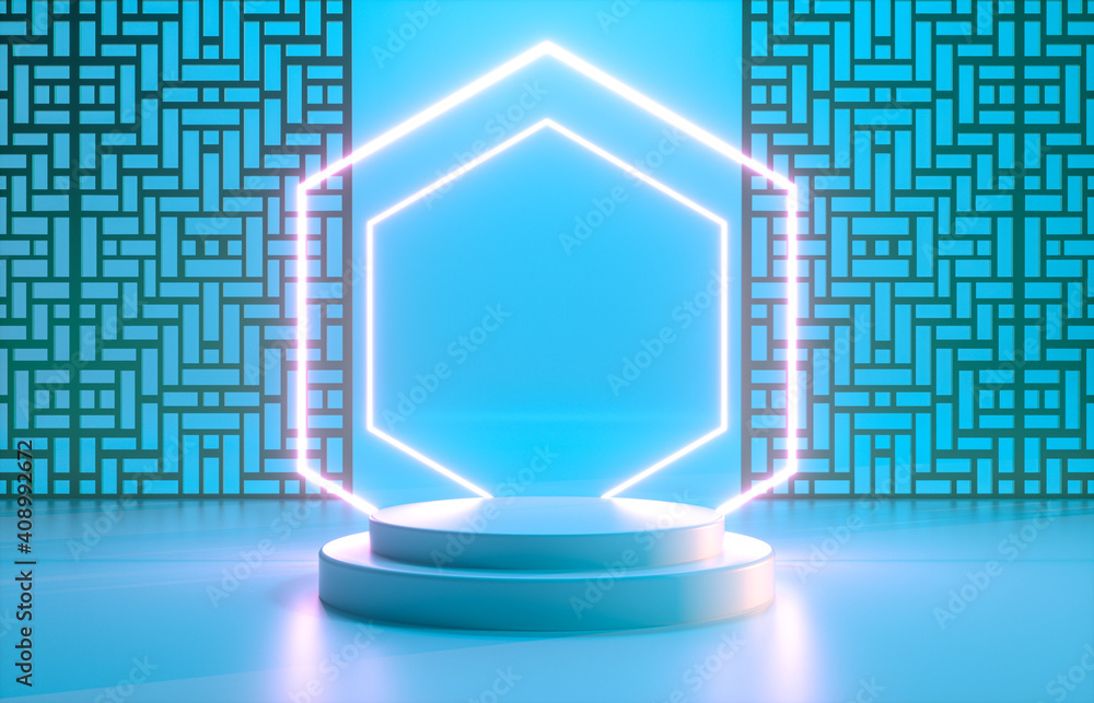 Poster chinese background with podium and neon light for product display. 3d render.
