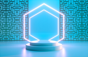 Chinese background with podium and neon light for product display. 3d render.