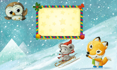 cartoon happy winter scene with animal on the snow having fun illustration