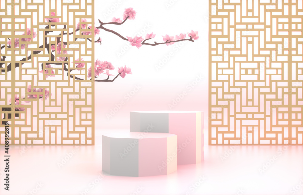 Poster chinese background with podium for product display. 3d render.
