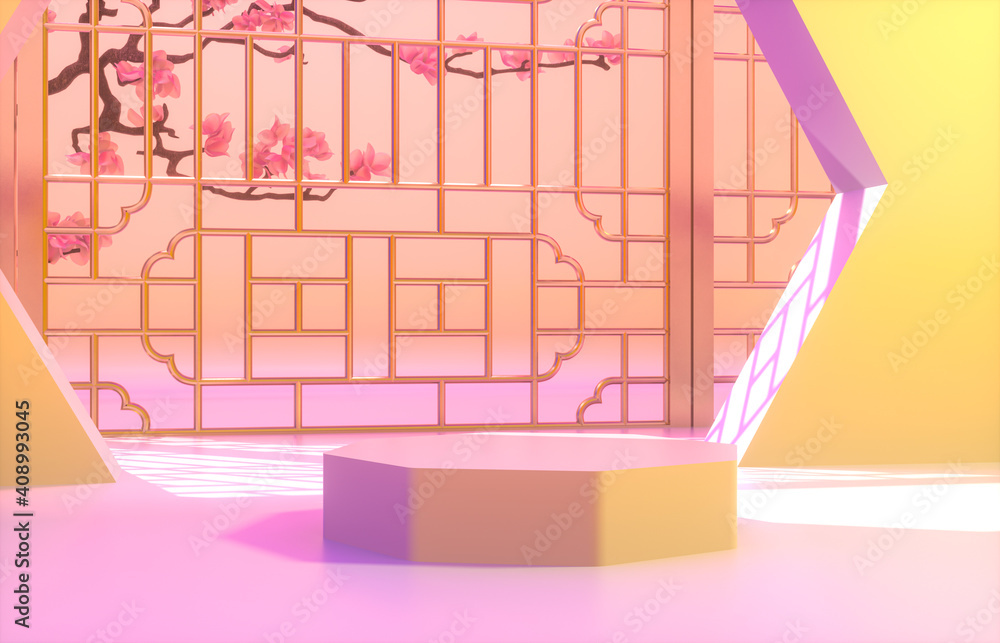 Poster chinese background with podium for product display. 3d render.