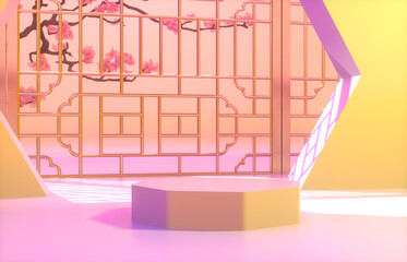 Chinese background with podium for product display. 3d render.