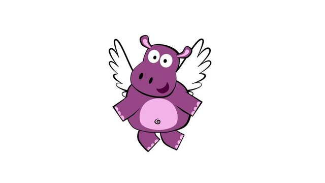cute hippo cartoon cupid flying. Alpha channel, cycle