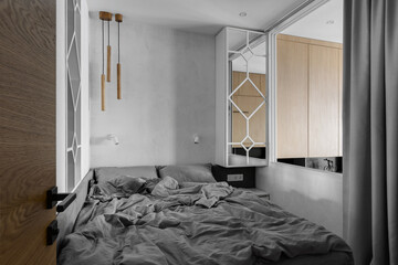 bedroom designer, bedroom in a small apartment, gray bed linen, soft bed linen