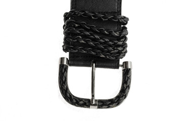 Wide black leather belt on white background.