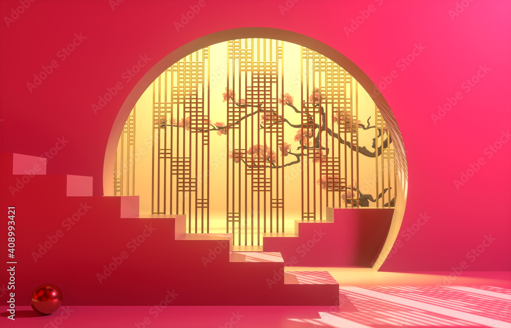 Poster chinese background with podium for product display. 3d render.