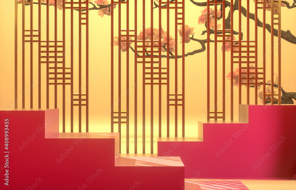 Poster chinese background with podium for product display. 3d render.