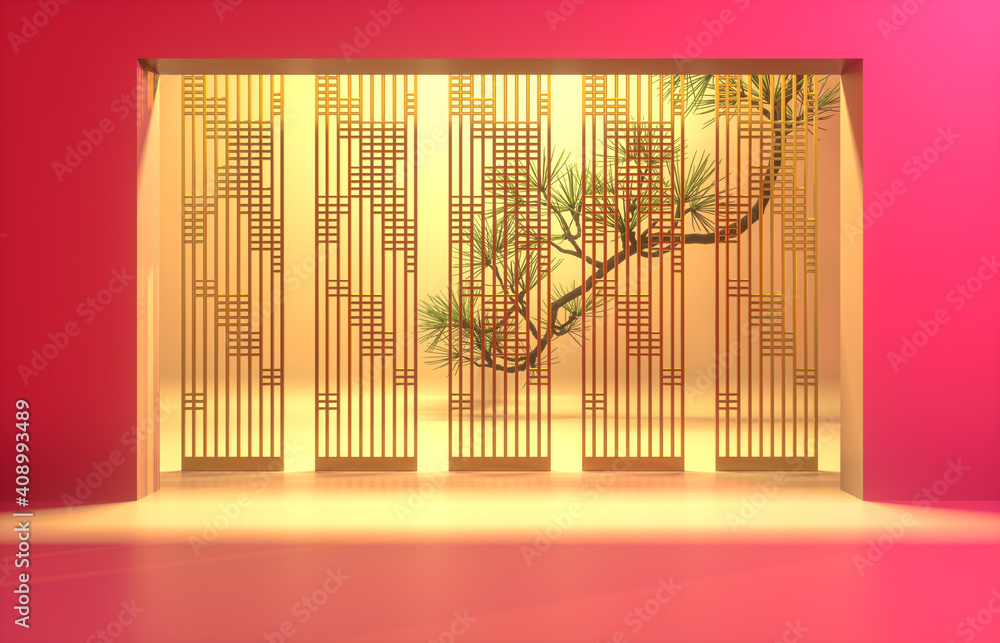 Poster chinese background with podium for product display. 3d render.