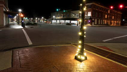 Downtown in Raeford North Carolina at nightwhen the Christmas decorations are on