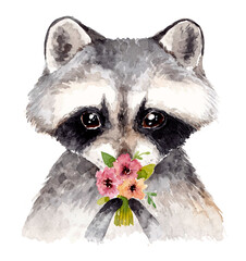 Cute baby raccoon with flowers. Watercolor illustration - 408993473