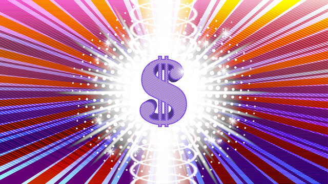 Abstract bright radiant poster with sparks and stars. 3d purple dollar sign in the center. Clipping mask. EPS10