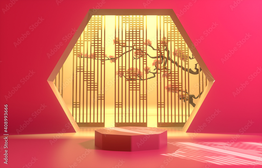 Poster chinese background with podium for product display. 3d render.