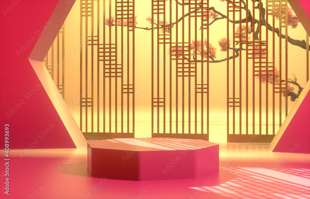Poster chinese background with podium for product display. 3d render.