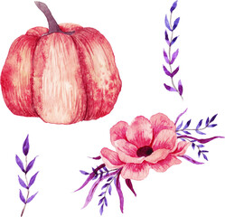 Beautiful pumpkin with flowers. Watercolor illustration - 408994257