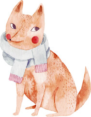 Cute fox or dog in scars. Watercolor illustration - 408994286