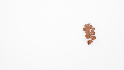 Dried oak leaf lying on the snow. Top view, copy space. Winter calm mood. Natural background. Minimalistic nature concept
