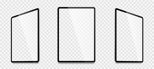 Realistic tablet computer mockup set. Tablet PC realistic mockup front view with shadow. Electronic gadget - stock vector.