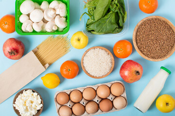 Food supplies for the period of quarantine on white background.