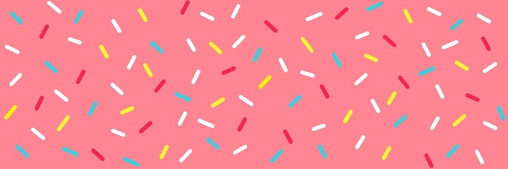 background with pink donut glaze. Decorative bright sprinkles texture pattern design