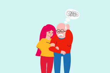 Adult man with dementia or amnesia syndrome gets help from a nurse. Supported by a young social worker lady. Senior mature male has memory loss due to a mental disorder. 
