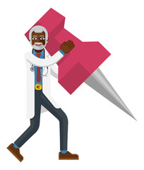 A black mature doctor cartoon character mascot man holding a big thumb tack map drawing pin concept
