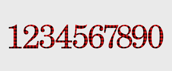 Trendy numbers from black and red checkered fabric for applique, counting, mathematics, printing on fabric, sewing. 