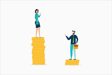 Economic inequality, unfair income, people who are paid different money, a white rich woman standing on a tower of coins with a high salary, with a poor white man on a low stack of coins.