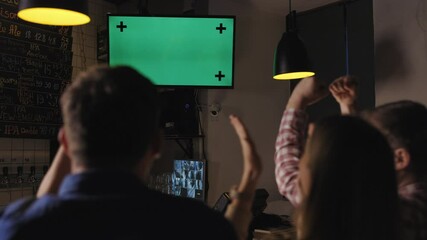 Friends in pub drink beer on bar counter, watch sport game on tv and celebrate goal of the team. Back view. Overjoyd peeple screem and get exited.