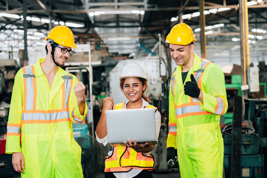 Teamwork and team spirit worker group happy together corporate trust concept.industry celebrate reward success good teamwork result in factory