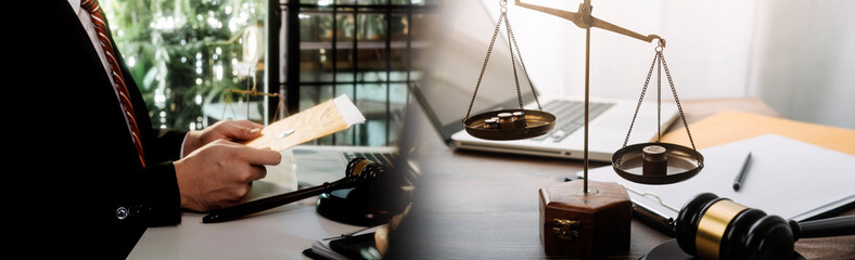 Business and lawyers discussing contract papers with brass scale on desk in office. Law, legal services, advice, justice and law concept picture with film grain effect
