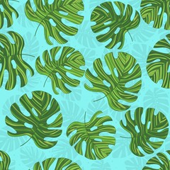 Seamless pattern with green contoured monstera. Bright backround. Creative botanic print. Designed for fabric design, textile print, wrapping, cover.