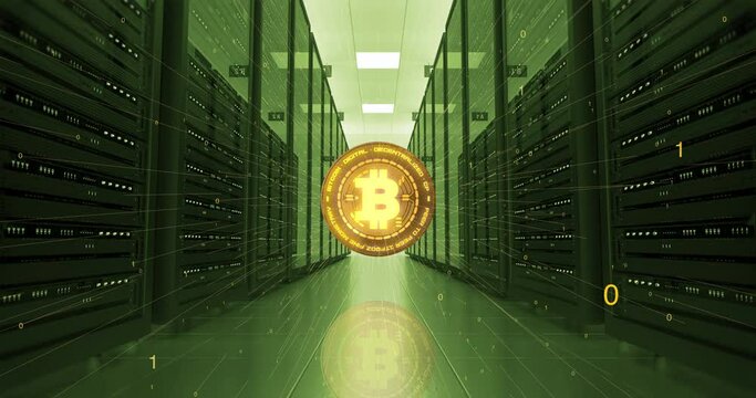 Bitcoin Cryptocurrency Money. High Tech Futuristic Server Room. Gold Bitcoin. Technology And Business Related 3D Animation.