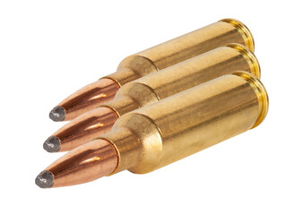 Three copper plated bullets on cartridges