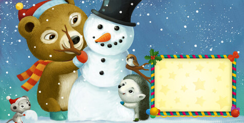 cartoon happy christmas scene with frame with animals and snowman