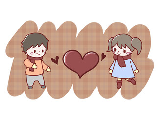 かわいい男の子と女の子の秋冬やバレンタインデーの恋の手描き風イラスト
