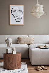 Stylish interior with design neutral modular sofa, mock up poster frames, coffee tables, wooden...