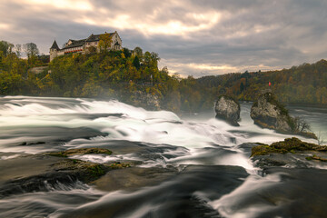 Long exposure image of the Rhine Falls in Switzerland at autumn evening 