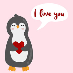 Cute cartoon penguin holding heart. Happy Valentine's day greeting card. Vector illustration.