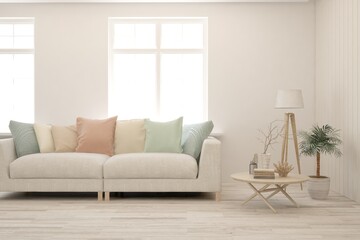 White living room with sofa. Scandinavian interior design. 3D illustration